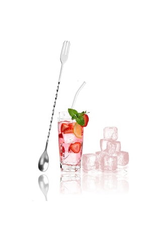 Burgulu Çatallı Bar Kaşığı 33 Cm Kokteyl Karıştırma Kaşığı & Cam Pipet Seti Gümüş