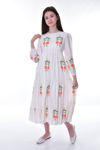 Kız Çocuk Pamuklu Keten Uzun Boydan Astarlı Elbise Koyu Turuncu-krem