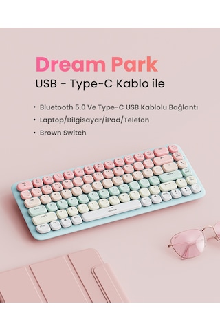 Ugreen Fun+ Renkli Tuşlu Aydınlatmalı Brown Switch Mekanik Bluetooth Kablosuz Türkçe Q Klavye