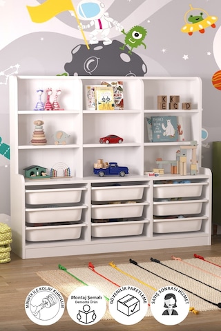 Bofigo 9 Sepetli 9 Raflı Dolap Çok Amaçlı Dolap Oyuncak Dolabı Almina Beyaz Beyaz