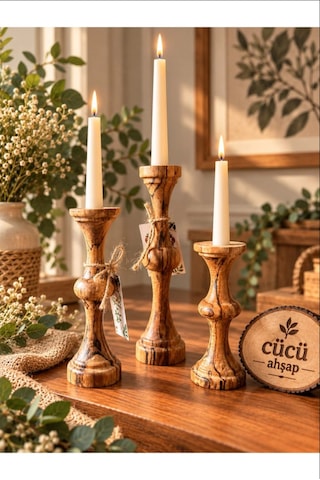 Cücü Ahşap 3 Lü Doğal Ahşap Şamdan Seti