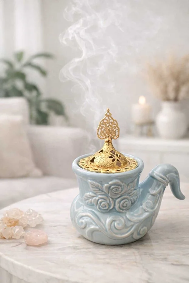 Banum Luxury Şık Tasarım Mavı Seremik Ve Altın Tonlu Buhurdanlık Tütsülük