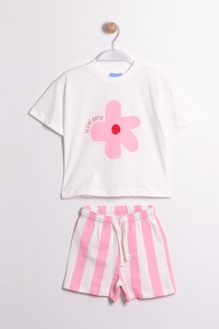 Lolliboomkids Kız Çocuk Pamuklu Bisiklet Yaka Çiçek Baskılı Tshirt Çizgili Şort Alt Üst Takım Pembe