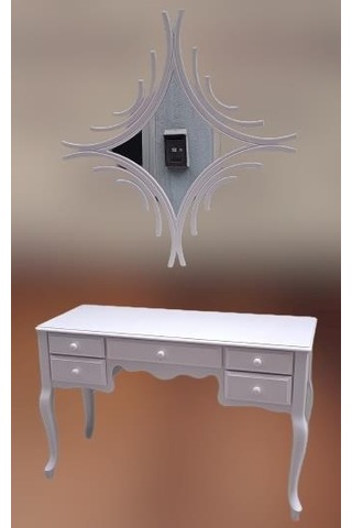 Dresuar Makyaj Masa 5 Çekmece Cnc Ayna Kayın Aslan Ayak Parlak Beyaz Lake El Yapımı Beyaz