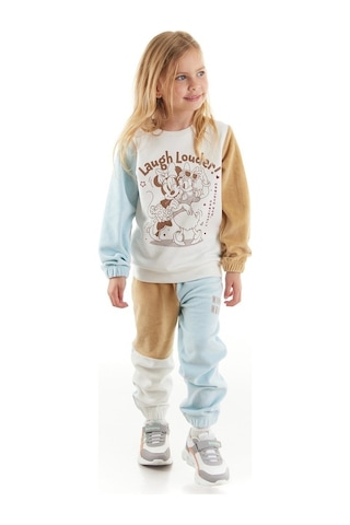 Minnie Mouse Lisanslı Kız Çocuk Kadife Eşofman Takım Ekru