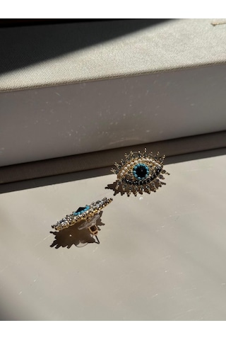 Göz Figürlü Nazar Boncuğu Detaylı Taşlı Küpe Altın Renk Kadın Çelik Takı Altın