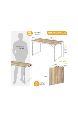Haegs Portatif Kamp Masası, 3 Yükseklik Ayarlı, Katlanır Piknik Masası, Kolay Taşınabilir Alüminyum Masa - 120x60 - Naturel Meşe Ahşap Rengi