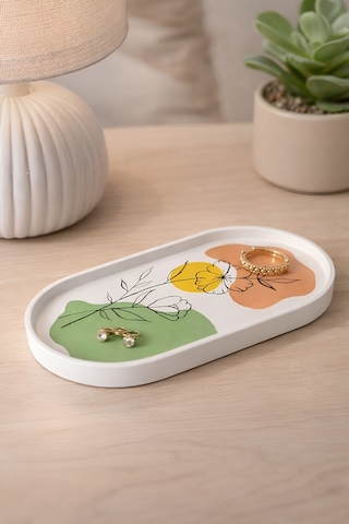 Dekoratif Art Line Stil Oval Tabak - El Yapımı Çiçek Desenli Modern Ev Dekoru 19 X 8 Cm