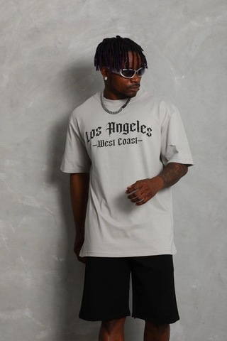 Erkek Baskılı Tişört Kısa Kol Bisiklet Yaka Oversize T-shirt - Gri