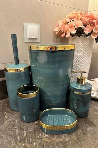 Makri Home Banyo Seti 5'li,akrilik-çöpkovası,wc Fırçalık,sıvı Sabunluk,diş Fırçalık,el Sabunluk,gold Renk Detay Yeşil