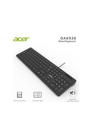 Acer Oak920 Q Usb Siyah 1.8mt Kablolu Klavye-tek Tuş Hesap Makinalı Sessiz Tuş