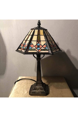 Masa Lambası Tiffany Vitray Gece Lambası, Altıgen Koni Abajurlu, 10" G X 16" Y