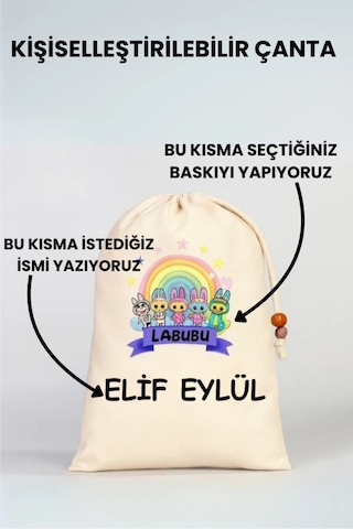 Kız Çocuk Kıyafet Kesesi Çocuklara Özel İsim Yazılı Baskılı İp Kapamalı Kişileştirilebilir 30x40 Cm Renkli