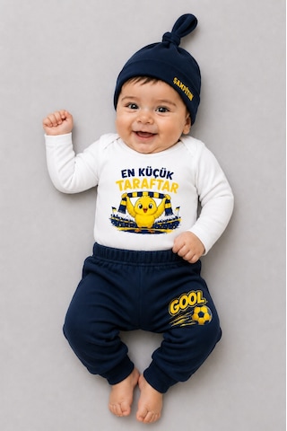 Babyden's %100 Pamuk Sarı Lacivert En Küçük Taraftar 3'lü Yenidoğan Bebek Takımı Uzun Kollu Body Pantolon Şapka Set