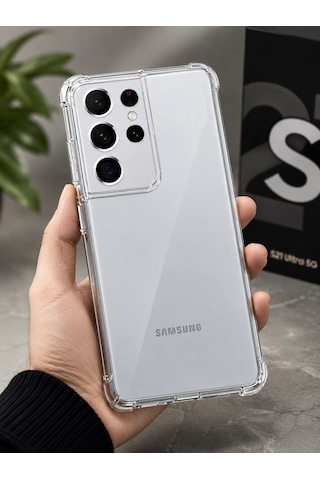 Logis Samsung Galaxy S21 Ultra Uyumlu Şeffaf Silikon Kılıf Kamera Korumalı Darbe Emici Esnek Tpu