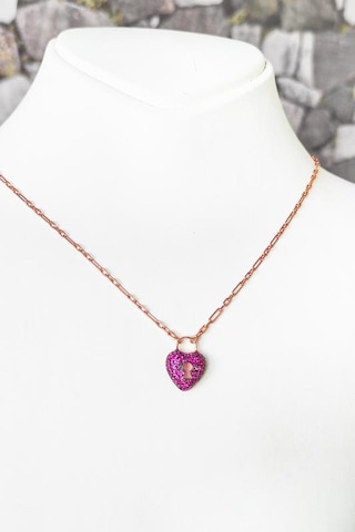 Pembe Taşlı Kilit Kalp Kolye Rose Gold