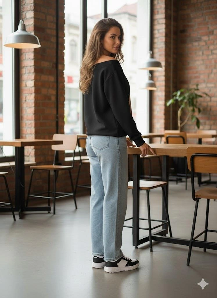 Siyah Kadın Oversize Dudak Baskılı Sweatshirt -kayık Yaka 3 İplik Kumaş, Off Shoulder, Rahat Günlük Sweat Siyah