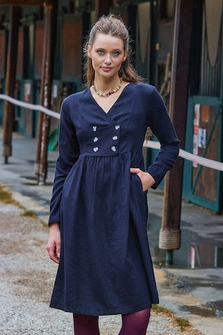 V Yaka Düğme Detaylı Fermuar Kapamalı Uzun Kollu Elbise Siyah