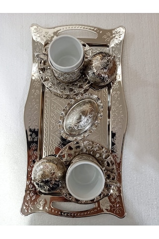 Osmanlı Motifli 2 Kişilik Kahve Fincan Takımı Gümüş İşlemeli