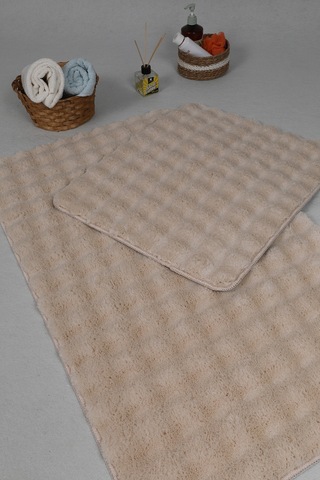 Modern Bubble Yıkanabilir Kaymaz Peluş Banyo Paspası Halısı 2'li Klozet Takımı 50x80-50x40cm Açık Bej