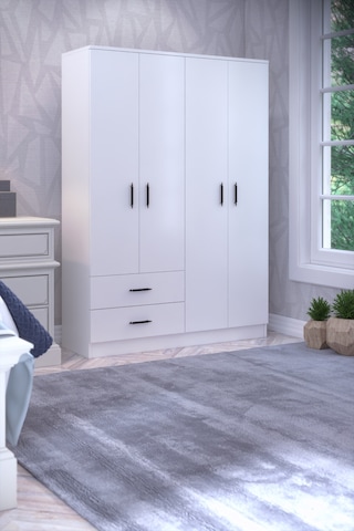 Gubimo Abete 4 Kapılı 2 Çekmeceli 2 Askılıklı Beyaz Gardırop Elbise Dolabı Yüklük