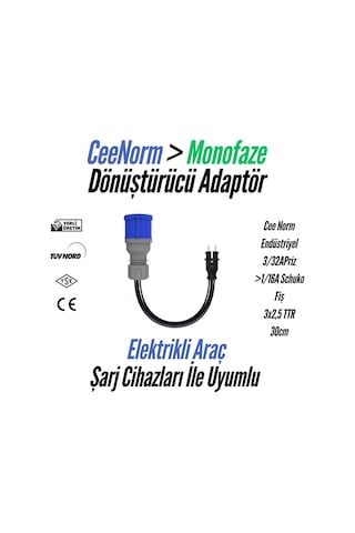 Bemis Elektrikli Araç Şarj Uyumlu Ceenorm Adaptör 3/32a Priz 1/16a Fiş 3/32a Priz 1/16a Fiş