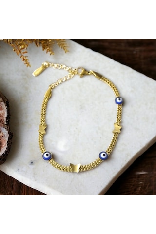 Çelik Kelebek Lacivert Göz Altın Renk Kararmaz Bayan Bileklik Çelik