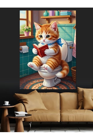 Ahşap Tablo Tuvalette Kitap Okuyan Kedi