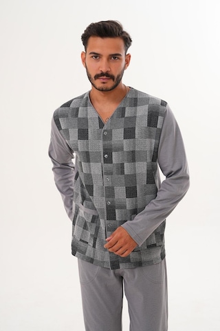 Çift Kaplan Erkek Çilli Desen Önden Düğmeli Gri Pijama Takımı 8032 Gri