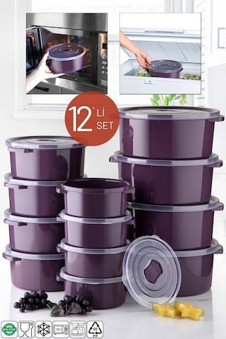 Nandy Home Mikrodalga Difrizde Kullanılabilen Saklama Kabı Seti Yuvarlak 12'Li Mürdüm