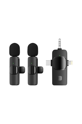 Kablosuz İkili Yaka Mikrofonu Apple iPhone İle Uyumlu 3.5mm Aux Apple iPhone Type-c Pc Tablet Video Kayıt Röportaj Canlı Yayın