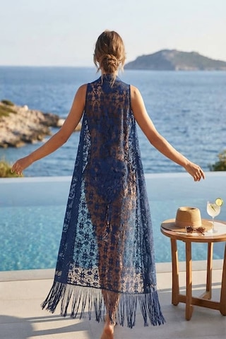 Maşuka Dantel Detaylı Püsküllü Plaj Pareosu Ve Kolsuz Kimono, Yelek Aksesuar Lacivert Lacivert