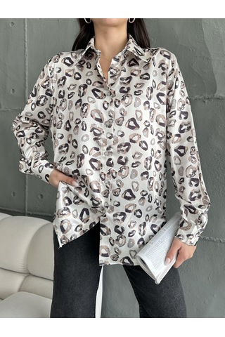 Kadın Oversize Ekru Renk Kahve Öpücük Detaylı Saten Gömlek-kahve Kahve