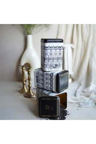 City Desenli Kare Metal Saklama Kabı 3 Lü Set, 10.5 X 10.5 X 16 Cm Çok Renkli