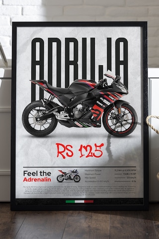 Aprilia Rs 125 Siyah Ahşap Çerçeveli Poster, Dekoratif Motosiklet Duvar Tablosu Çok Renkli