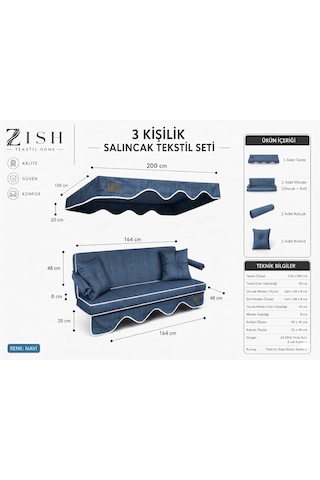 Altaleno 3 Kişilik 164 48 Cm Süngerli Bahçe Balkon Salıncak Minderi Yıkanabilir Kılıflı, Tenteli Keten Kumaş Tekstil Seti 24 Dns 8 Cm Orta Sert Sünger Mavi