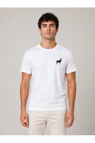 Vexor Erkek Minimal Geyik Logolu Tişört Bisiklet Yaka Kısa Kol Yazlık T-shirt - Beyaz Çok Renkli