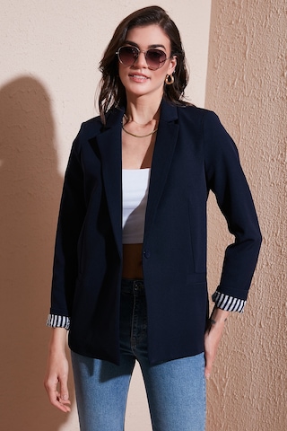 Lela Standart Fit Mono Yaka Desenli Astar Detaylı Blazer Bayan Ceket 6524003 Lacivert