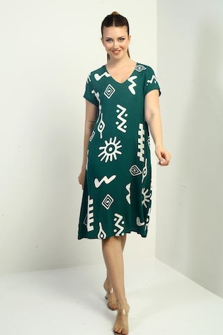 By Saygı Yaka Etnik Desenli Oversize Elbise Yeşil