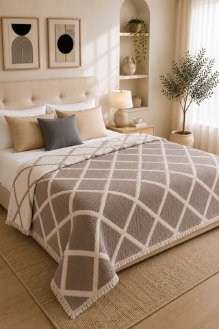 Premium Geometrik Kare Desenli %100 Pamuk Müslin Çift Taraflı Yatak Örtüsü Pike 220x240 Çift Kişilik Kahverengi