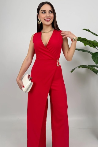 Crimson Icon Kadın Kemer Detaylı Askılı Bol Paça Kırmızı Tulum Rahat Şık Yazlık Kombin Kırmızı