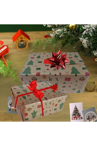 İtalyan Hediye Paketleme Kağıdı, Kraft Ev, Çam, Çiçek Desenli Amb