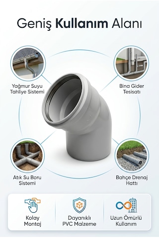 50 Mm Pvc Açık Dirsek Gri Atık Su Gider Boru Bağlantı Parçası Dayanıklı Pvc
