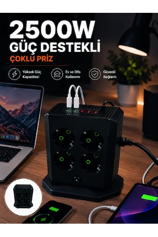 Çoklu Priz 8 Çıkışlı 4 Usb 2 Type-c Anahtarlı Dikey Priz Kulesi - Lisinya Diğer