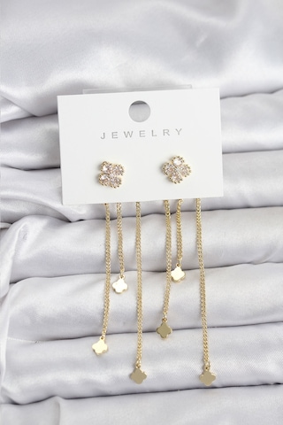 Pirinç Gold Renk Yonca Model Sallantılı Kadın Küpe Çok Renkli Pirinç Gold Renk Yonca Model Sallantılı Kadın Küpe Çok Renkli