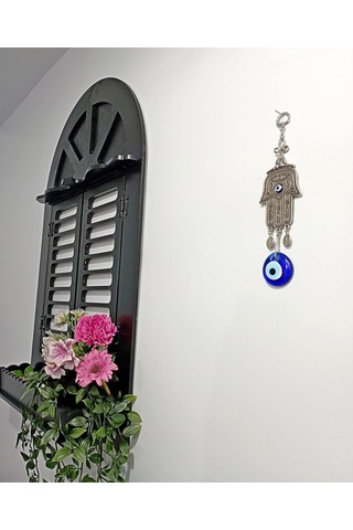 Fatma Eli - Hamsa Metal Duvar Süsü Cam Nazarlık Sallantılı 21x6cm