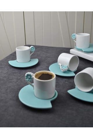 6 Kişilik 12 Parça Seramik Çiçekli Kahve Fincanı 100 Ml Türk Kahve Fincan Takımı Mavi