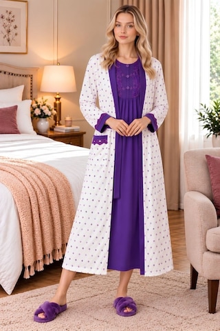 Mecit Pijama Mecit 6414 Mor Kadın Büyük Beden Uzun Sabahlıklı Gecelik Takım