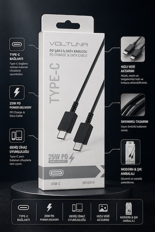 Type-c To Type-c 25w Pd Şarj Ve Data Kablosu 1,5 M Siyah