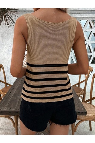 Kadın Sıfır Kol Yuvarlak Yaka Şerit Detay Triko Bluz Kahve